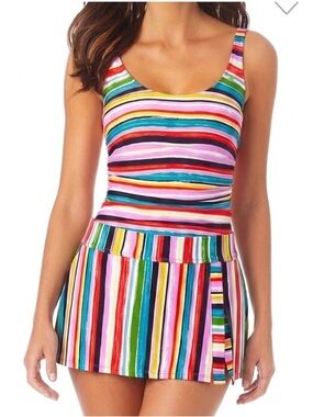Anne Cole Multicolored Painted Stripe One-Piece Swimsuit + matching skirt
